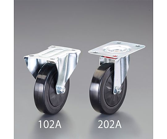 125mm 自在金具キャスター(EA520BK-2用) 黒い自在金具キャスターが横から見える状態、金具部分の細部が強調されている。