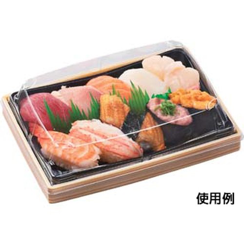 弁当容器 WUS-8 本体 ベージュ柾目黒 エフピコ ベージュの木目調デザインの弁当容器が横向きに置かれている様子