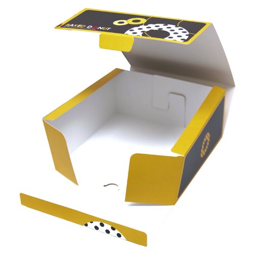 ギフト箱 焼ドーナツBOX 10 ヤマニパッケージ 正面から撮影された、色とりどりの焼きドーナツが収められたパッケージ