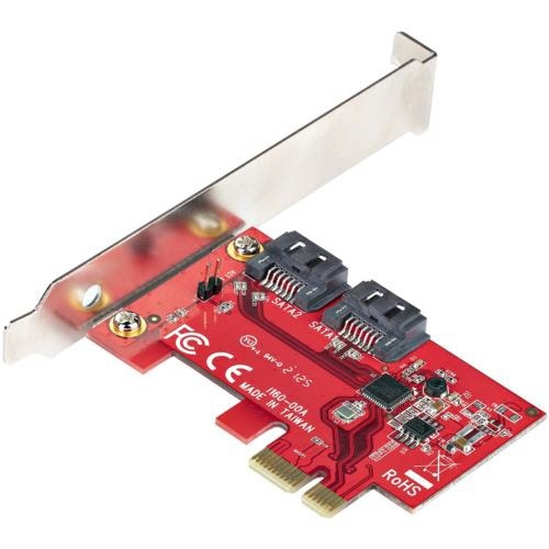 SATA　2ポート増設　PCI　Expressインターフェースカード　1個 基板の表面が清潔に映し出され、各ポートの配置が確認できる状態