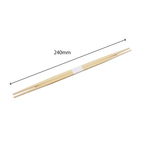 割箸 竹らんちゅう 24cm 白帯巻 ポリ入 100本 トラダ [ケース販売] 清潔感のある白帯で巻かれた割箸が、整然と並んでいる様子。