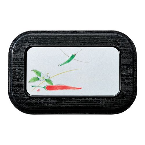 食器 BWR-670 [本体]黒・内赤40 [蓋]黒・ししとう タカギ産業 [ケース販売] 黒の本体に内側の赤が際立つ、黒い蓋とししとうのデザインが施された状態