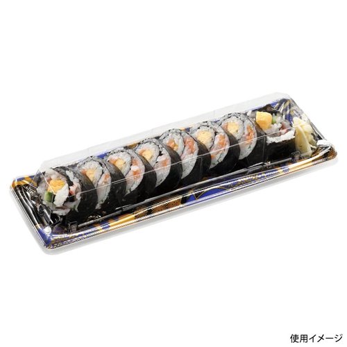 寿司容器 輝ステージ1-8PK 本体 はな扇子青 エフピコ 側面が見える状態で、鮮やかな青い扇子のデザインが強調されている。