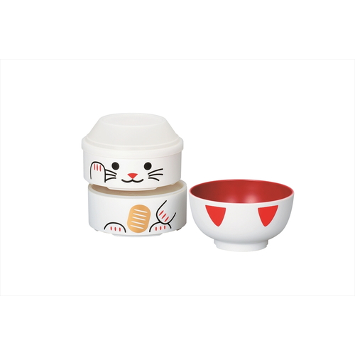 お弁当箱 2段 HAKOYA ねこしぐさ こけし二段弁当 お椀付き 440ml まねきねこ白 白い猫のデザインが施された二段のお弁当箱の正面。