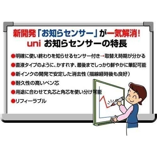 ボードマーカーユニお知らセンサー中字丸芯　赤10本 鮮やかな赤いマーカーが整然と並んでいる様子