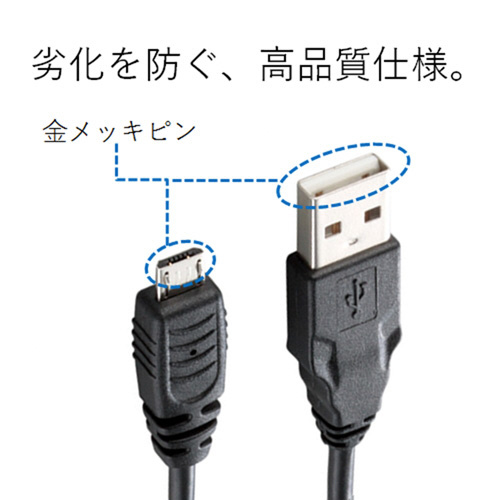 A-microBケーブル/0.15m/ブラック ケーブルの端が見える状態で、全体がクリアな背景に配置されている様子