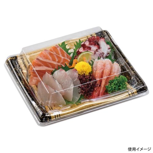 刺身容器 陶彩19-17 本体 祝祭金 エフピコ 手前にデザインが施された陶器の容器が横向きに置かれている様子
