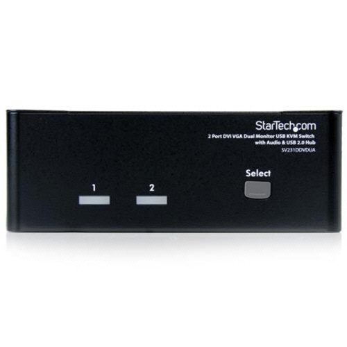 2ポートDVI　VGAデュアルモニタKVMスイッチ　ブラック　1台 黒い筐体のスイッチが正面から見える状態、接続端子がわかりやすく配置されている。