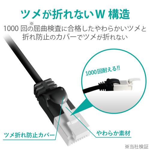 LANケーブルCAT6A準拠 2m 爪折れ防止 黒 先端が見える水平に配置されたケーブル、ケーブルの質感が際立つ黒色の表面