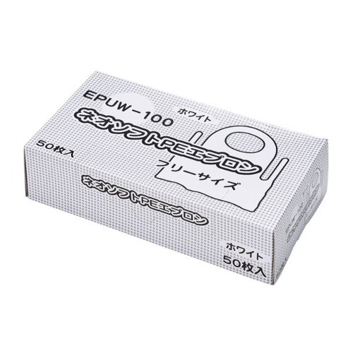 使い捨てエプロン ネオソフトPEエプロン ホワイト メディテックジャパン [ケース販売] パッケージの側面が見え、商品名や特徴的なデザインが印刷された状態