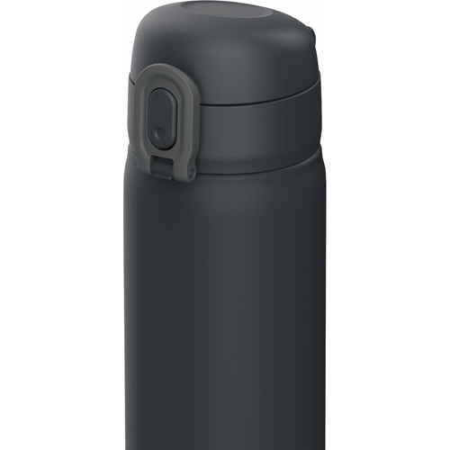 水筒　500ml　ステンレス　ワンタッチ　保温　保冷　チャコールグレー ダークグレーのワンタッチ式蓋が付いたステンレス製の水筒が立てて置かれている様子
