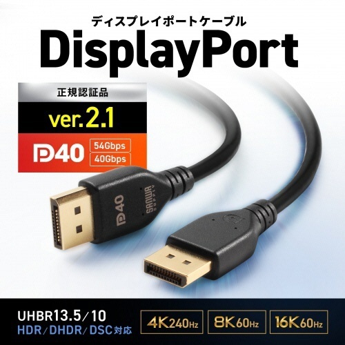DisplayPortケーブル　ブラック　1m　1本 ケーブルのコネクタ部分が鮮明に見える状態