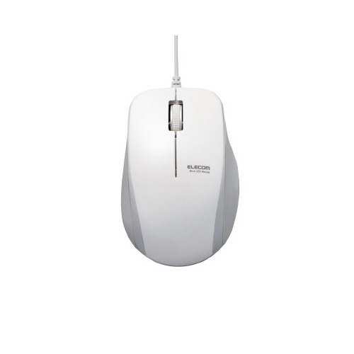 有線マウス 3ボタン 白 M-BL27UB 白い有線マウスが側面から撮影され、3つのボタンがはっきりと見える状態