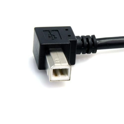 USB2.0ケーブル　90cm　Type　A(L型)オス-B(L型)オス　ブラック　1本 太めの黒いケーブルがL型コネクタを両端に持つ状態
