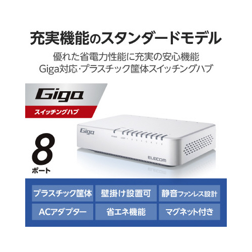 スイッチングHub 8P プラ 磁石 電源外付 白 白い外観のデバイスが磁石で取り付けられた状態