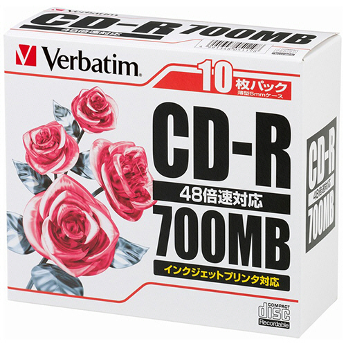 ﾃﾞｰﾀ用CD-R 700MB 48倍速 ﾎﾜｲﾄﾌﾟﾘﾝﾀﾌﾞﾙ ｽﾘﾑｹｰｽ 1ﾊﾟｯｸ(10枚)