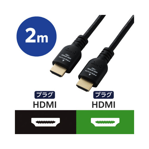 HDMIケーブル Premium 2.0m 黒 輪っか状に束ねられた黒いケーブルの様子、プラグ部分が見える状態