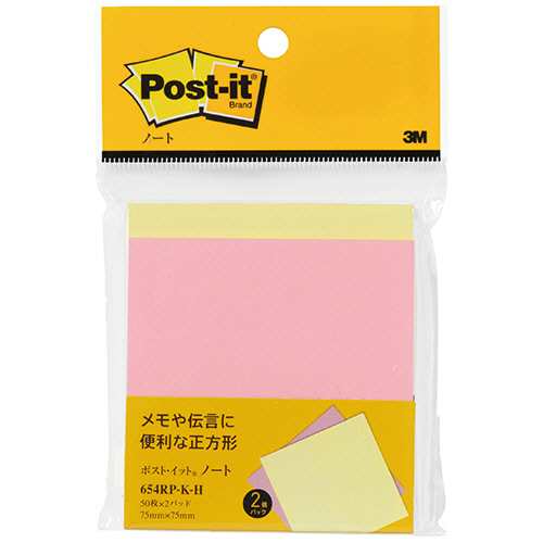 ﾎﾟｽﾄ･ｲｯﾄ ﾉｰﾄ 再生紙 75×75mm ｲｴﾛｰ･ﾋﾟﾝｸ 1ｾｯﾄ(20冊:2冊×10ﾊﾟｯｸ)画像