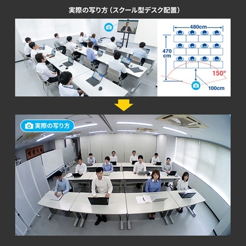 会議用ワイドレンズカメラ　ブラック　1台 光沢のあるブラックのボディにレンズ部分が大きく配置され、底面には接続ポートが見える。