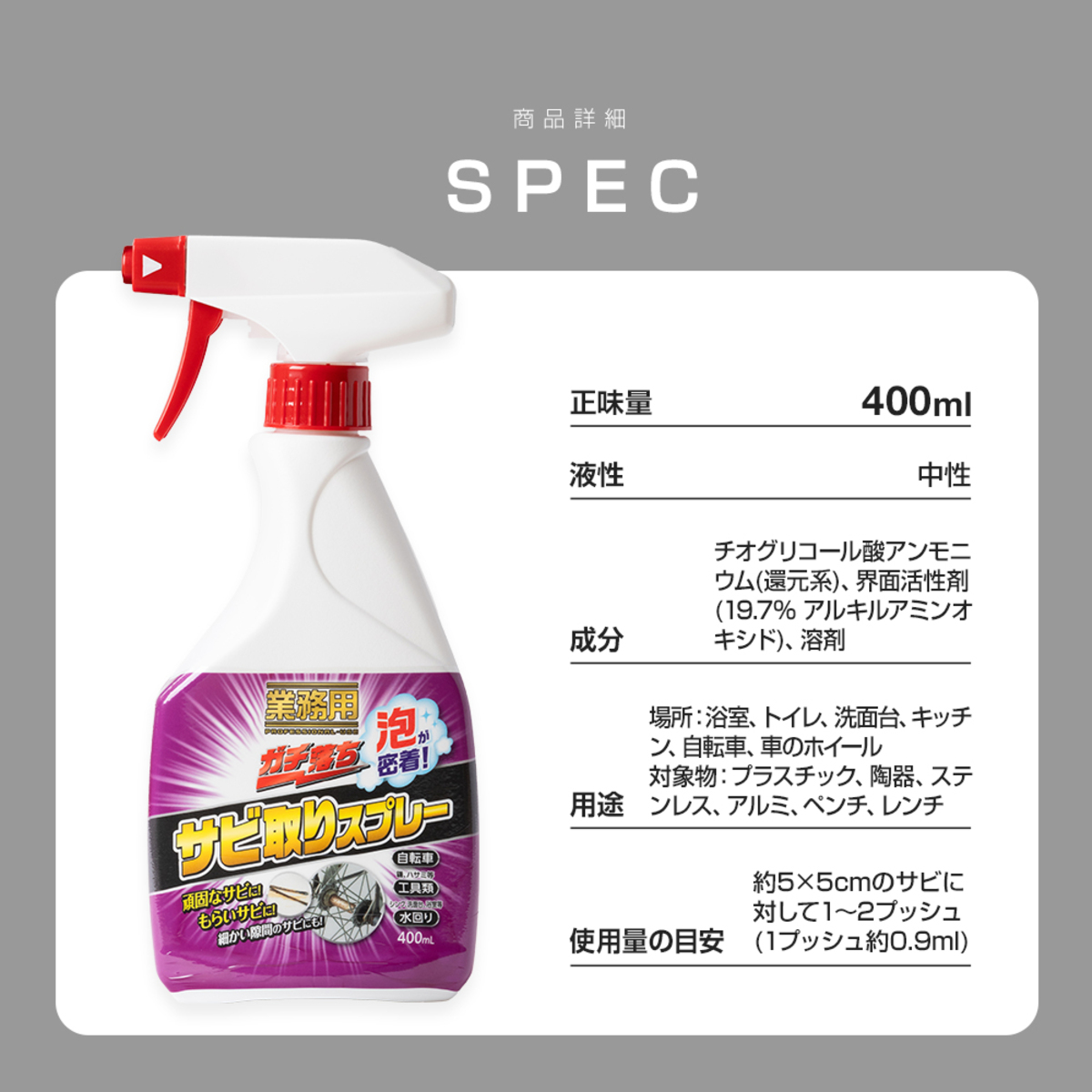 業務用ガチ落ちサビ取りスプレー 正面から撮影されたスプレー缶、鮮やかなラベルが目を引く。