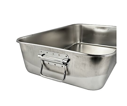 18-8 給食バット 半カールフラットフランジタイプ 可動ハンドル 深さ140mm 光沢のある金属製のバットが横向きに置かれ、可動ハンドルが確認できる状態