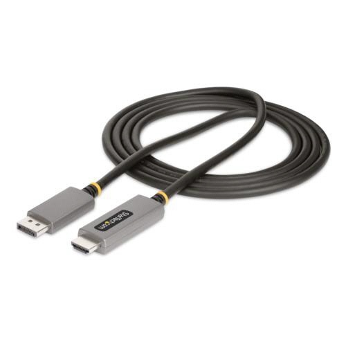 DisplayPort　1.4-HDMI　2.1変換ケーブル　2m　スペースグレー/ブラック　1本 ケーブルの両端がクローズアップされている状態で、コネクタ部分の詳細が鮮明に見える。