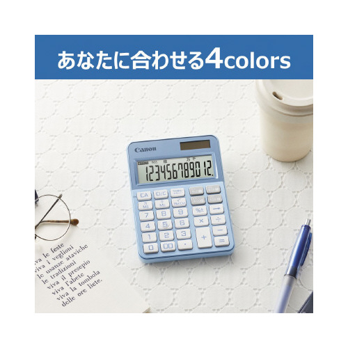 カラフル電卓 KS-126WUV-BG カラフルなボタンが並ぶ、斜め上から見た様子