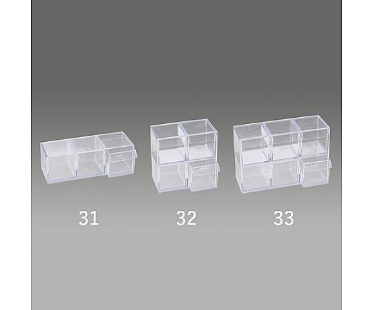 161x 96x161mm 小物ケース(2列2段/スチロール製) 透明なケースに整理された小物が2段に並ぶ様子