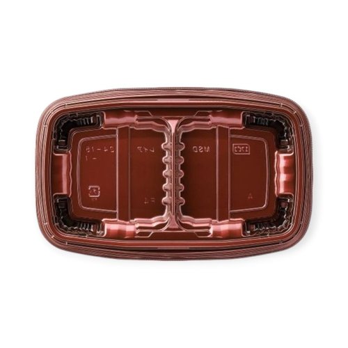 弁当容器 MSDレイア24-15-1 Mエンジ エフピコ 透明なフタが付いた、バイオマス素材の容器が並ぶ様子