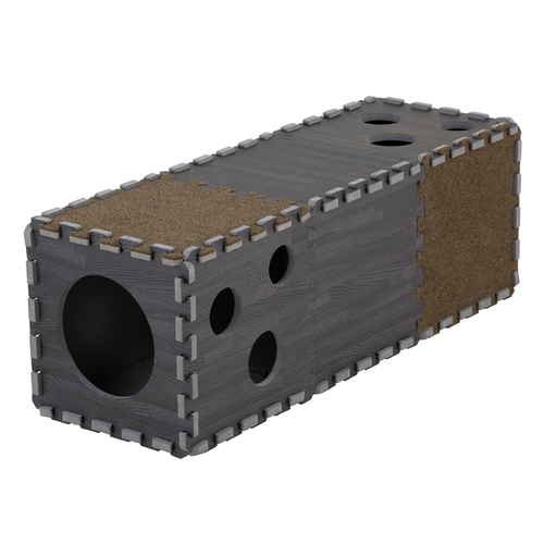 猫ハウス　つめが研げる　ペットトンネル　爪とぎ 全体がグレーのスカシ模様で、両端が丸みを帯びたトンネルの中に猫がいる様子。