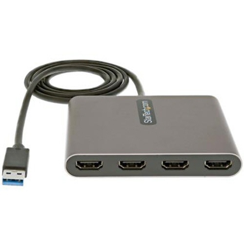 USB　3.0接続クアッドHDMIディスプレイ変換アダプタ　1個 独特の形状を持つコンパクトなアダプタ、接続ポートが4つ並んでいる様子