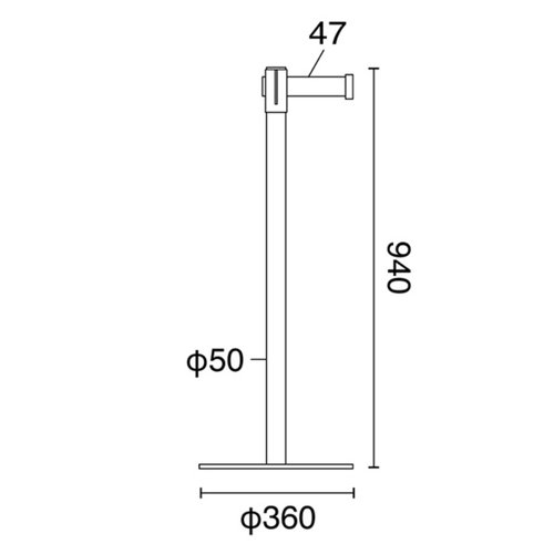 売場備品 ベルトパーティションSUS-2(H94cm)赤 友屋 赤いベルトパーティションが中間位置に設置され、周囲の空間を区切っている様子
