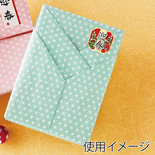 包装紙 半才 麻紋 わかたけ 淡い緑色の細かな幾何学模様が繰り返されている一枚が平置きされて端が少し折れている様子