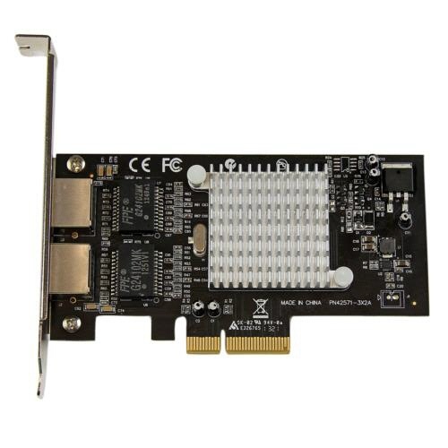 ギガビットイーサネット　2ポート増設PCI　Express　x4　インターフェースカード　1個 カードの表面が正面から見える状態で、2つのポートが表れている。