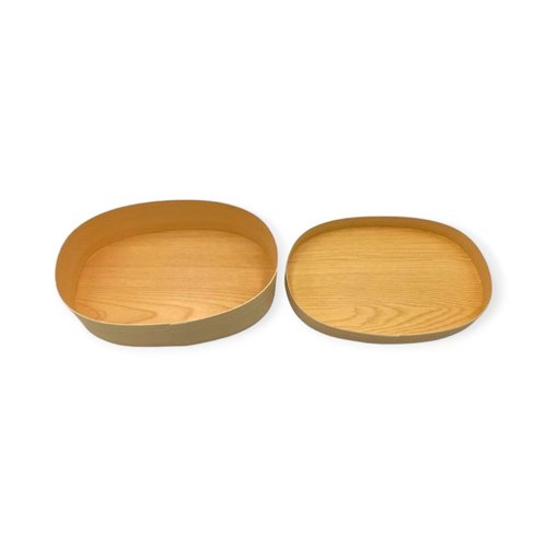 弁当容器 小判3号(5.0)特司紙製 山田曲物 [ケース販売] 茶色の波型の容器が整然と並んでいる様子