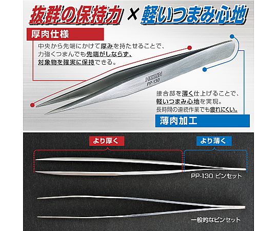 ピンセット　0.6mm 金属製のピンセットが手元に持たれ、先端が細く尖った様子が確認できる。