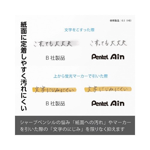 ぺんてるアイン 0.5 B 緑色の本体と白色のキャップを持つ、横向きに置かれた状態