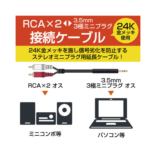 オーディオケーブル ピンプラグ 2m 両端にピンプラグが装着されたオーディオケーブルが真横から見える状態