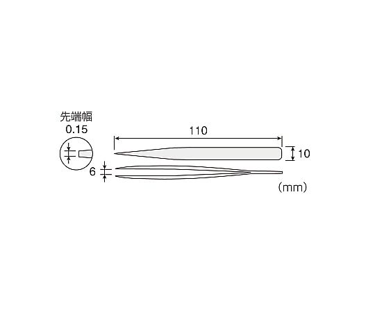 非磁製ピンセット 先端が鋭く、黒い持ち手のピンセットが真上から見える状態