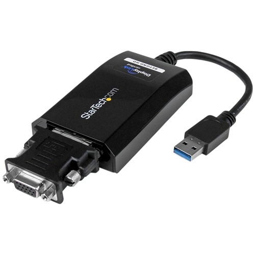 USB　3.0-DVI/VGA　ディスプレイ変換アダプタ　オス/メス　ブラック　2048×1152対応　1個 ケーブルが接続されたディスプレイアダプタの斜め上からの視点