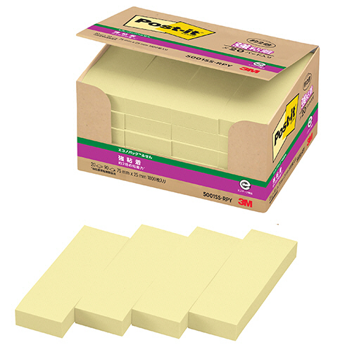 ﾎﾟｽﾄ･ｲｯﾄ ｴｺﾉﾊﾟｯｸ 強粘着ふせん 再生紙 75×25mm ｲｴﾛｰ 1ﾊﾟｯｸ(20冊)画像