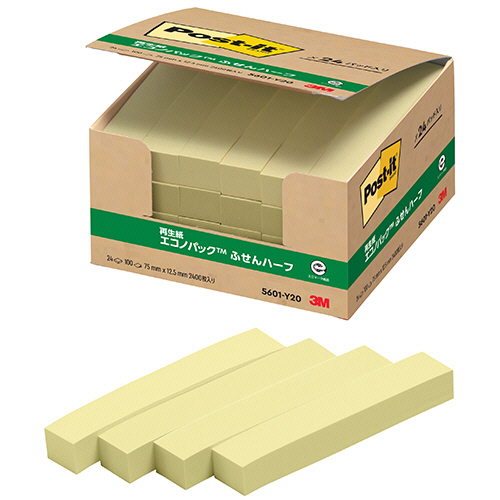 ﾎﾟｽﾄ･ｲｯﾄ ｴｺﾉﾊﾟｯｸ ふせんﾊｰﾌ 再生紙 75×12.5mm ｲｴﾛｰ 1ﾊﾟｯｸ(24冊)画像