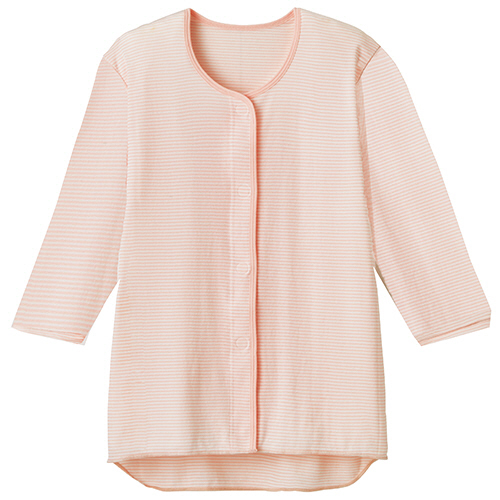 ﾌﾟﾗｽﾊｰﾄ ﾜﾝﾀｯﾁ肌着 前開き 七分袖 婦人用 L ﾋﾟﾝｸﾎﾞｰﾀﾞｰ 1枚画像