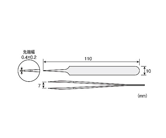 特殊形状ピンセット 超極薄先端 非磁製 先端が細く鋭く、持ち手の長いピンセットが横向きに置かれている状態