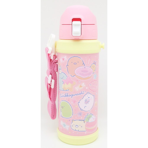 水筒　ダイレクトステンレスボトル　すみっコぐらし　800ml 明るい色合いのキャラクターが描かれた表面が見える斜めからの視点