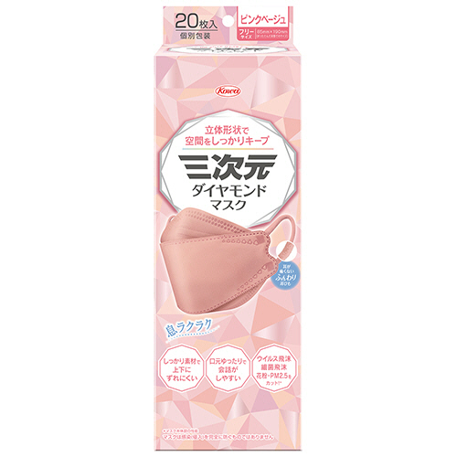 三次元ﾀﾞｲﾔﾓﾝﾄﾞﾏｽｸ ﾌﾘｰｻｲｽﾞ ﾋﾟﾝｸﾍﾞｰｼﾞｭ 個包装 1箱(20枚)画像