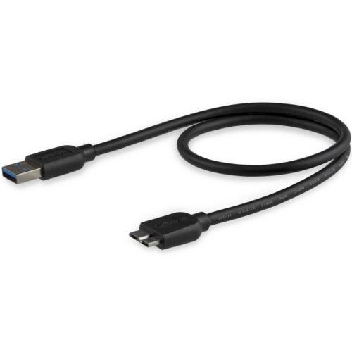 Micro　USB3.0　スリムケーブル　50cm　Type　A(オス)-Micro　B(オス)　ブラック　1本 黒いスリムケーブルが整然と置かれている様子
