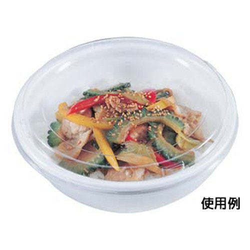 どんぶり容器 FP丼 中 本体 エフピコ 透明で丸い容器が横向きに置かれている様子