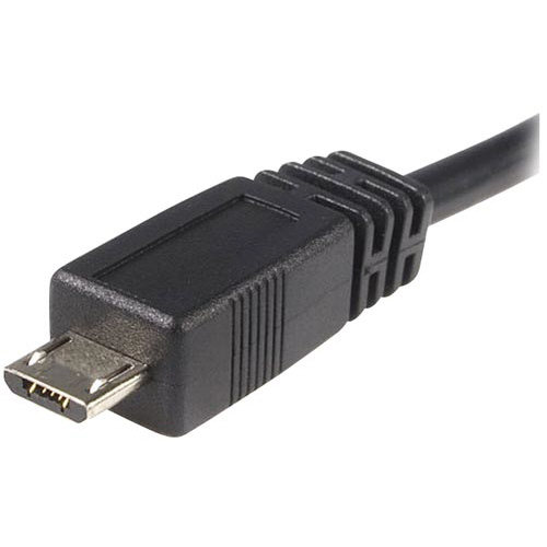 USBケーブル(A-マイクロB)　1.0m　黒 黒いUSBケーブルが直線的に伸び、端子部分がはっきりと見える状態