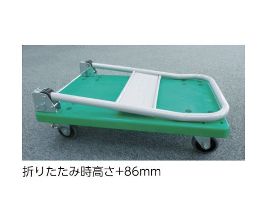 樹脂製運搬車 グランカート 固定 900×605 ウレタン 均等荷重400kg 頑丈な樹脂製の運搬車が正面から見える状態で、ウレタンタイヤが特徴的。